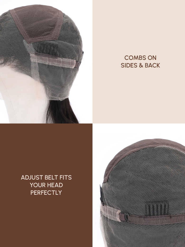 The UNice Full Lace 100% Handmade Black Straight Bob Wig with Face Framing Layers image highlights COMBSON, SIDES&BACK, ADJUSTBELTFITS, YOUR HEAD, a wig with a brown.