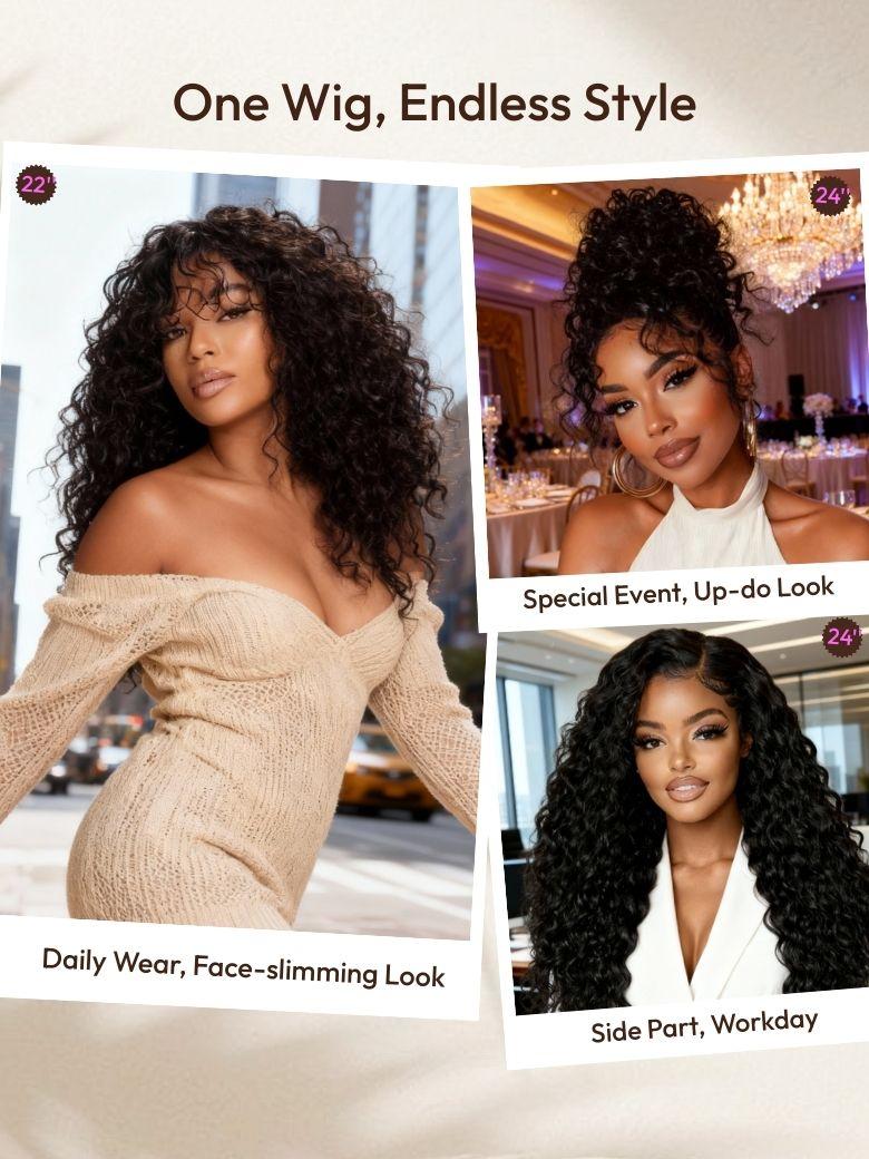 A model displays the UNice 7x5 Bye Bye Knots & 13x4 HD Lace Put On And Go Glueless Water Wave Wig and, showing one wig and water wave texture, 7x5, 13x4.