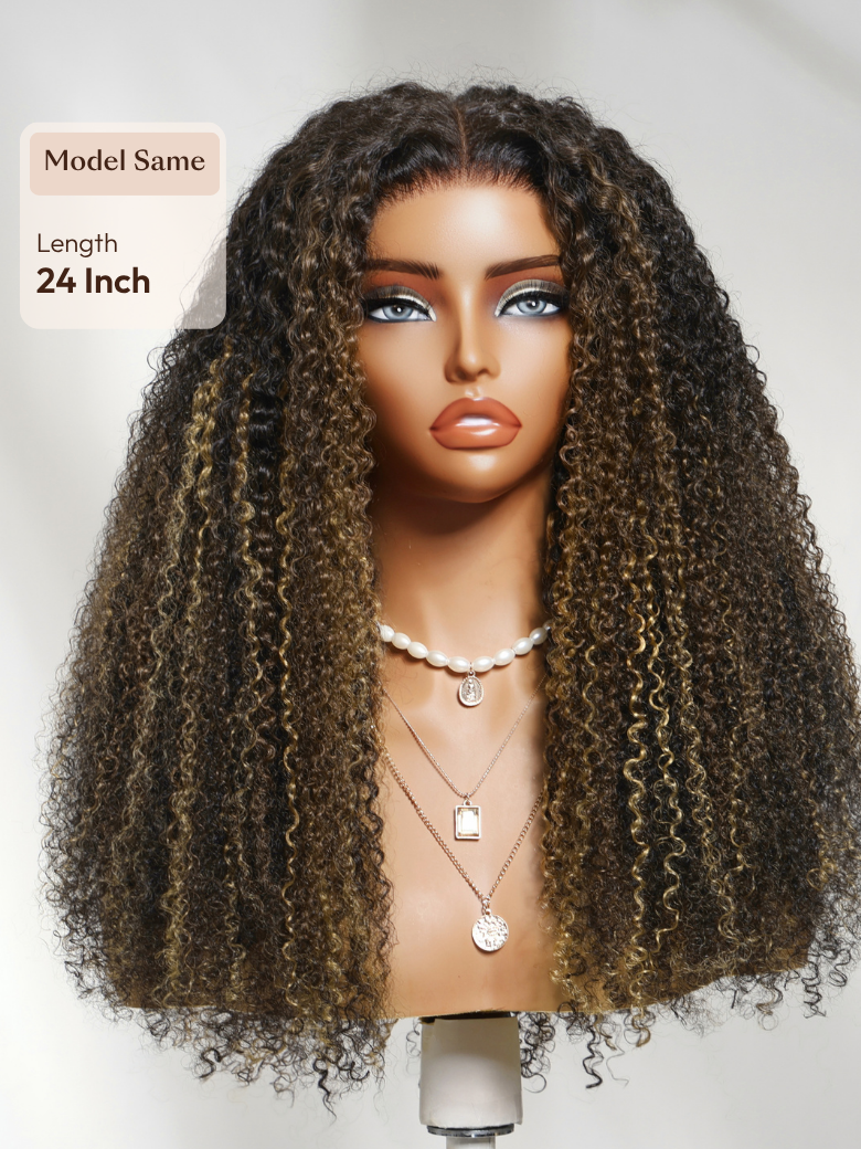 A model displays the UNice 7x5 Bye Bye Slip Lace Black with Blonde and Caramel Highlights Full Curly Wig, showing a wig with long curly hair and a necklace and curly.