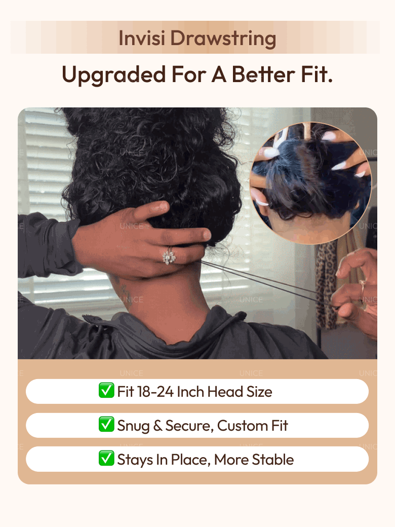 A model displays the UNice 7x5 Bye Bye Knots Wig Glueless Lace Sunset Reddish Brown Jerry Curly/ Afro, showing a woman getting her hair done with a brush and straight.