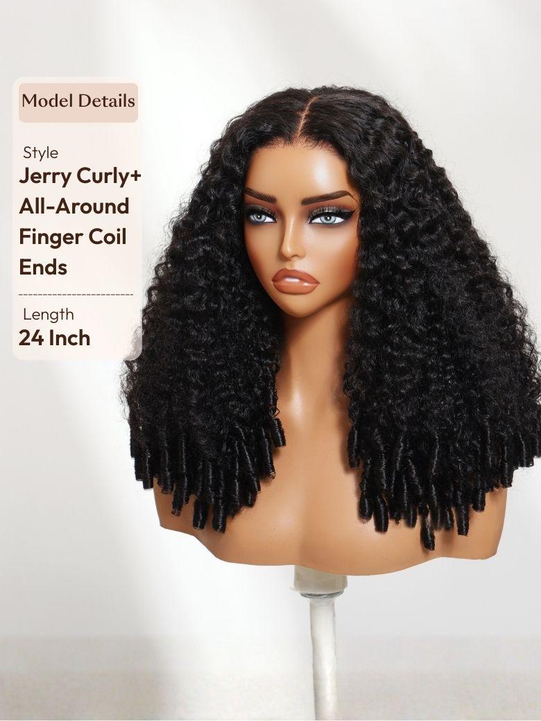 The UNice 7x5 Bye Bye Slip & 13x4 Pre-Everything Curly Texture Premium Hair Drawstring wig image highlights Model Details, Style, Jerry Curly+, All-Around, curly wigs.