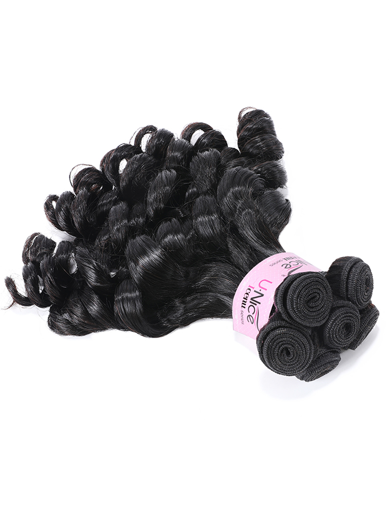 The UNice Funmi Curly Tight & Neat Human 1 Bundle Virgin Hair Natural Color image highlights UiNICe, virgin hair bundles and curly texture, bundle fullness.