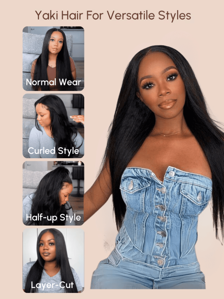 The UNice EasiContour V Part Glueless Yaki Wig 150% Density image highlights Yaki HairForVersatileStyles, Normal Wear, Curled Style, Half-up Style, yah hair styles.