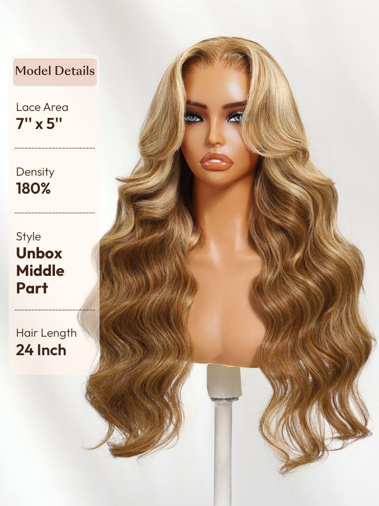 The UNice 7x5 Bye Bye Slip Wig With Drawstring Pre-Cut Glueless Lace Honey Blonde Body image highlights Model Details, LaceArea, Density, Style, a wig with long wavy.
