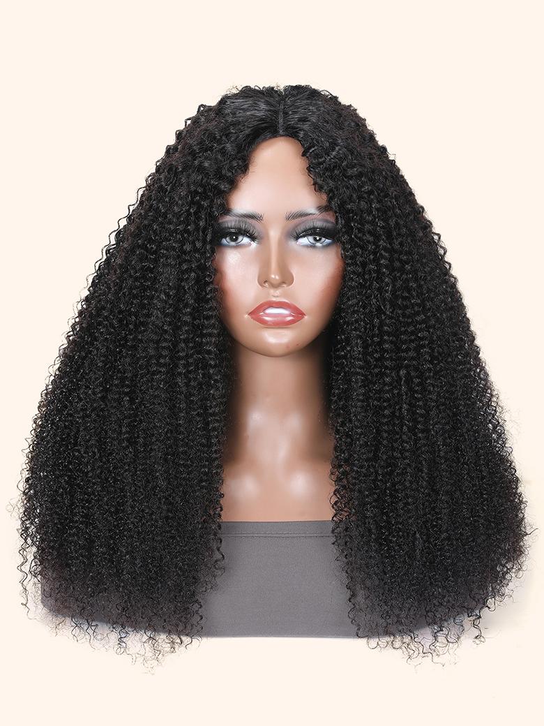 The UNice New V Part Kinky Curly Glueless 0 Skill Needed Wig product image shows a wig with curly hair on a mann and kinky curly texture, curly texture, glueless wear.