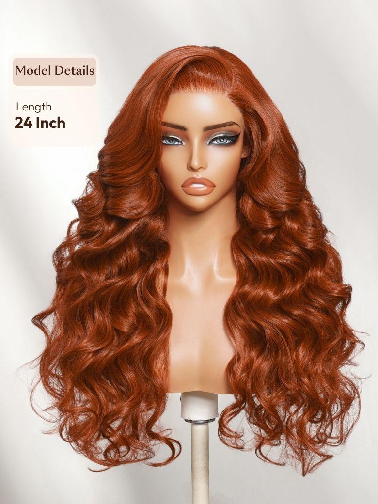 The UNice Bye Bye Slip 7x5 Lace Glueless Copper Auburn Body Wave Drawstring Wig with image highlights Model Details, Length, 24Inch, a wig with long wavy hair and a long.