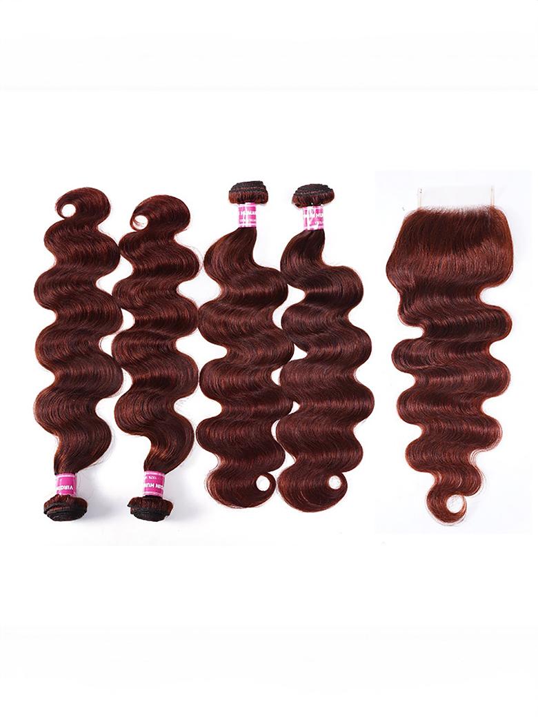 The UNice Dark Auburn Body Wave Remy Human Hair 4 Bundles With Closure Deal product image shows body wave hair bundles and body wave texture, bundle fullness.