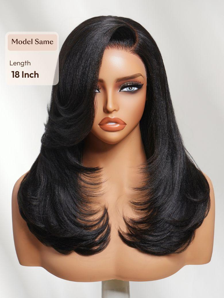 A model displays the UNice Pre Side-Part Yaki Straight Wig with Blowout Feathered Layers, showing a wig with long hair and bangs and straight texture, yaki texture, 7x5.