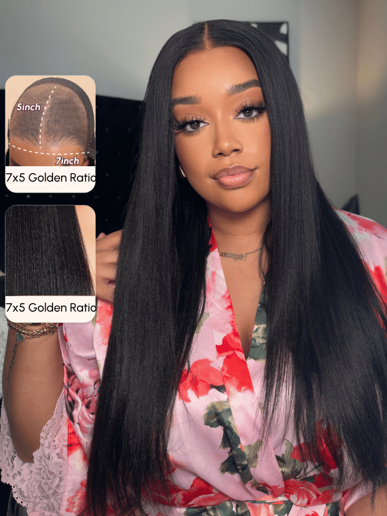 A model displays the UNice Ins Only 26" At 24" Price Black Yaki Straight 7x5 Bye Bye Knots Glueless Lace wig, showing a model with long hair and a pink dress.