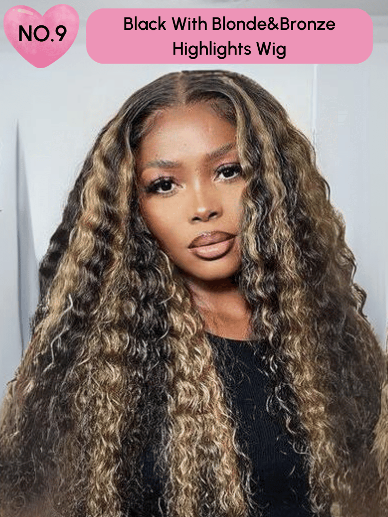 A model displays the UNice 24 Inch 200% Density 13x4 Pre-cut Lace Wig Last Chance Sale wig-1 Wig 1Stock, showing a model with long curly hair and a black shirt and 13x4.