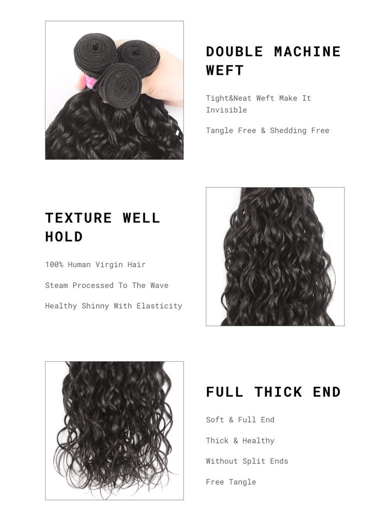 The UNice Hair Hair 4 Bundles Water Wave Unprocessed Virgin Human Hair image highlights DOUBLEMACHINE, WEFT, Tight&Neat Weft Make It, Invisible, the different types.