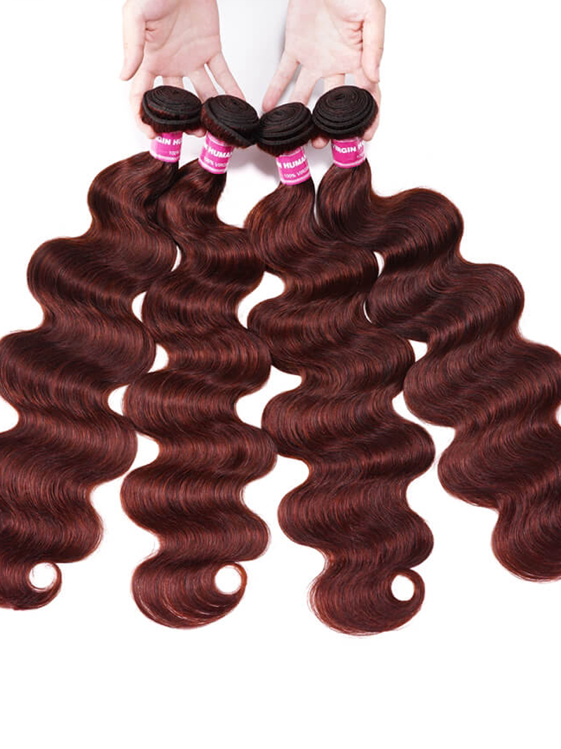 The UNice Vibrant Reddish Brown Body Wave 4Pcs 100% Remy Human Hair Bundles Deal product image shows body wave hair extensions and body wave texture, reddish brown.