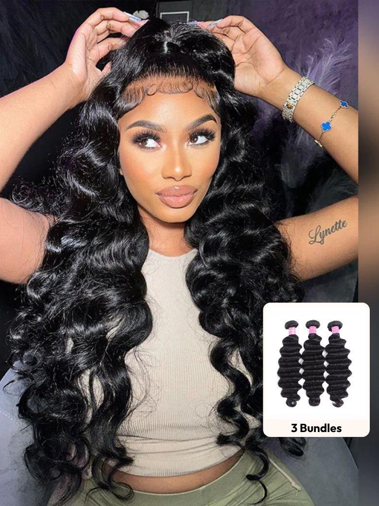 A model displays the UNice Loose Deep Wave Human Hair 3 Pcs Bundles, showing a model with long hair and a pair of curly hair and deep wave texture, bundle fullness.