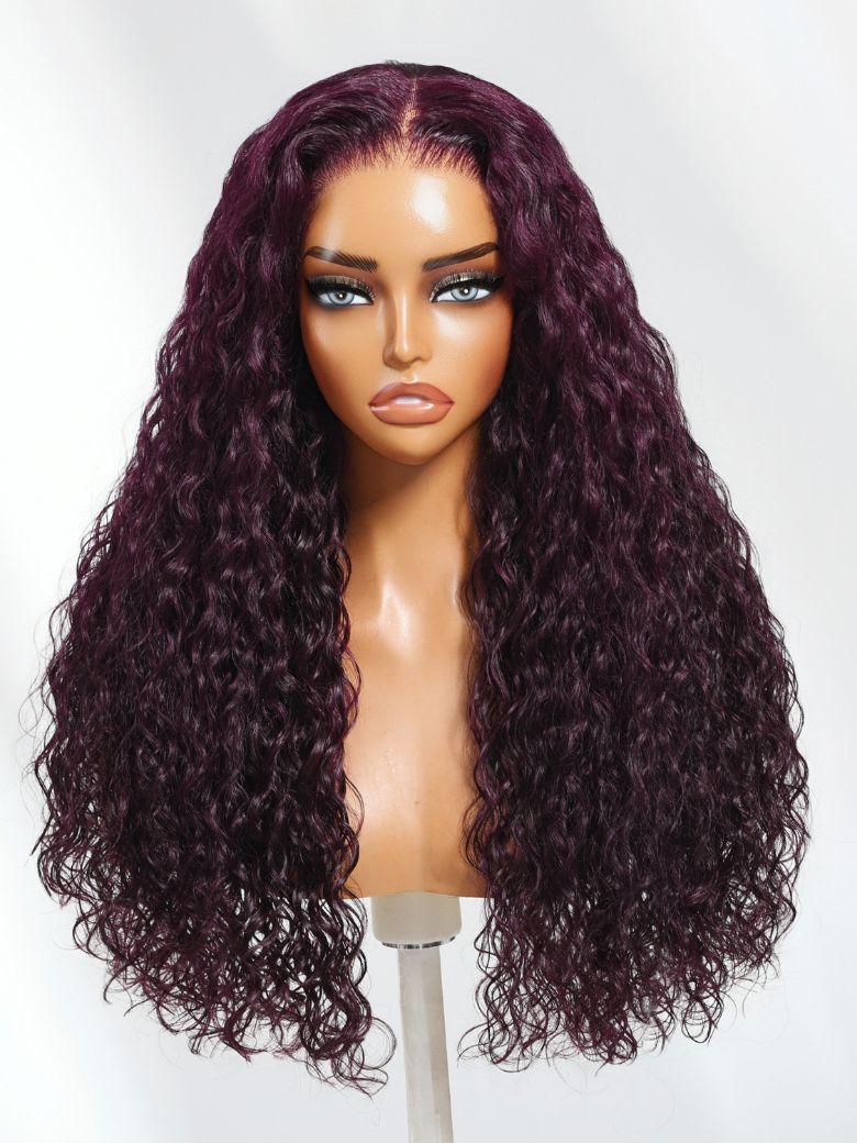 The UNice 13x4 Pre-Everything Lace Frontal Black Cherry Water Wave Glueless Drawstring product image shows a wig with long curly hair and purple highlights and water.