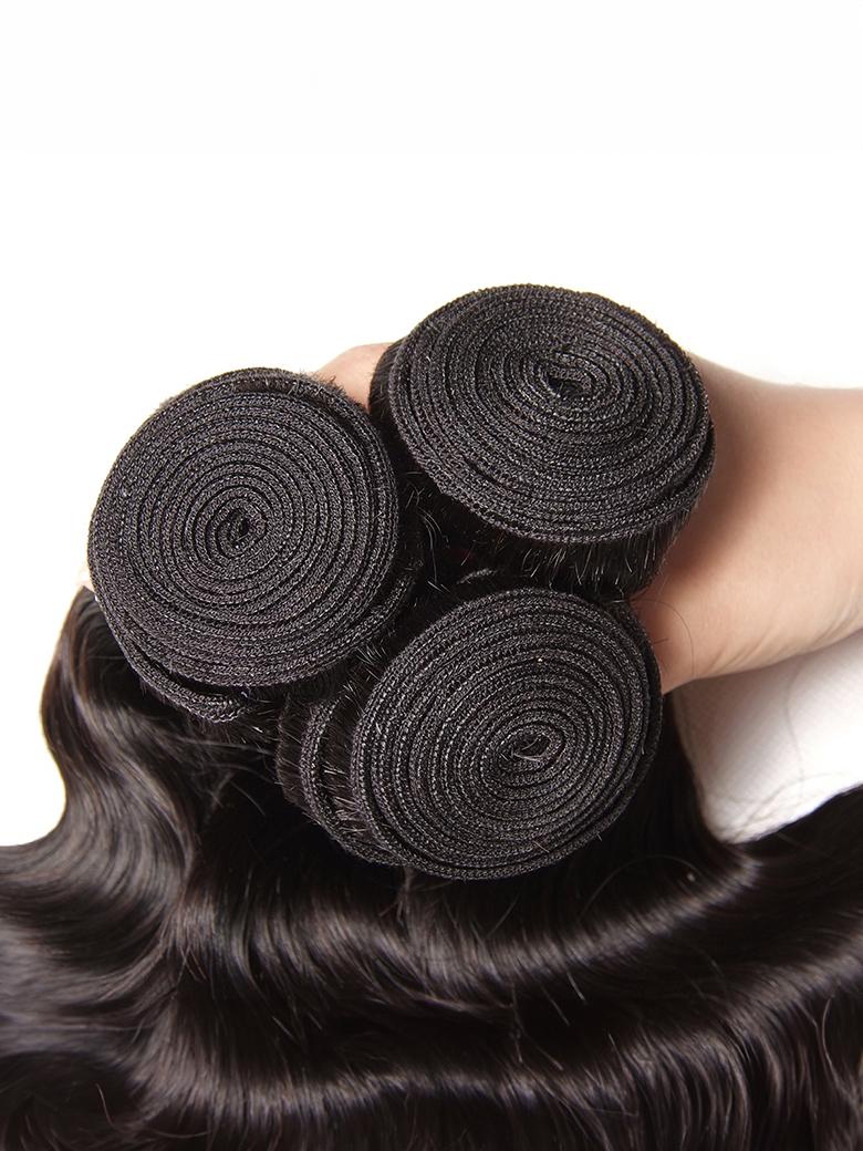 A model displays the UNice Hair 3 Bundles Malaysian Body Wave Virgin Hair, showing a woman ' s hand holding three bundles of hair and body wave texture, bundle fullness.