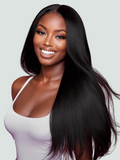 A model displays the UNice Straight Hair Lace Wig Pre-plucked 150% Density 4x0.75 Lace Part Wig, showing a model with long black hair and straight texture, 4x0, lace.
