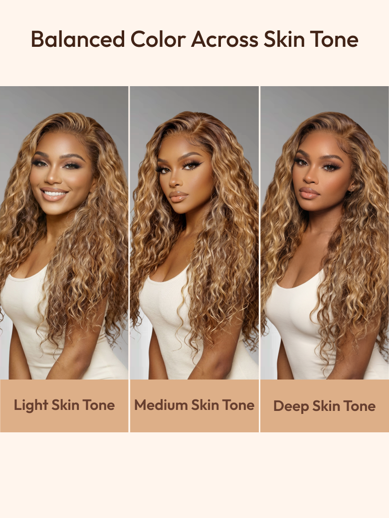 A model displays the UNice 13x4 Bye Bye Slip Lace Frontal Bronde Color With Honey Blonde Highlights Water, showing a model with blonde hair and a white top and water.