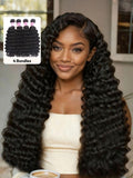 A model displays the UNice Hair Bundles 4 Pcs/pack Peruvian Deep Wave Virgin Human Hair, showing brazilian deep wave hair bundles and deep wave texture, bundle fullness.