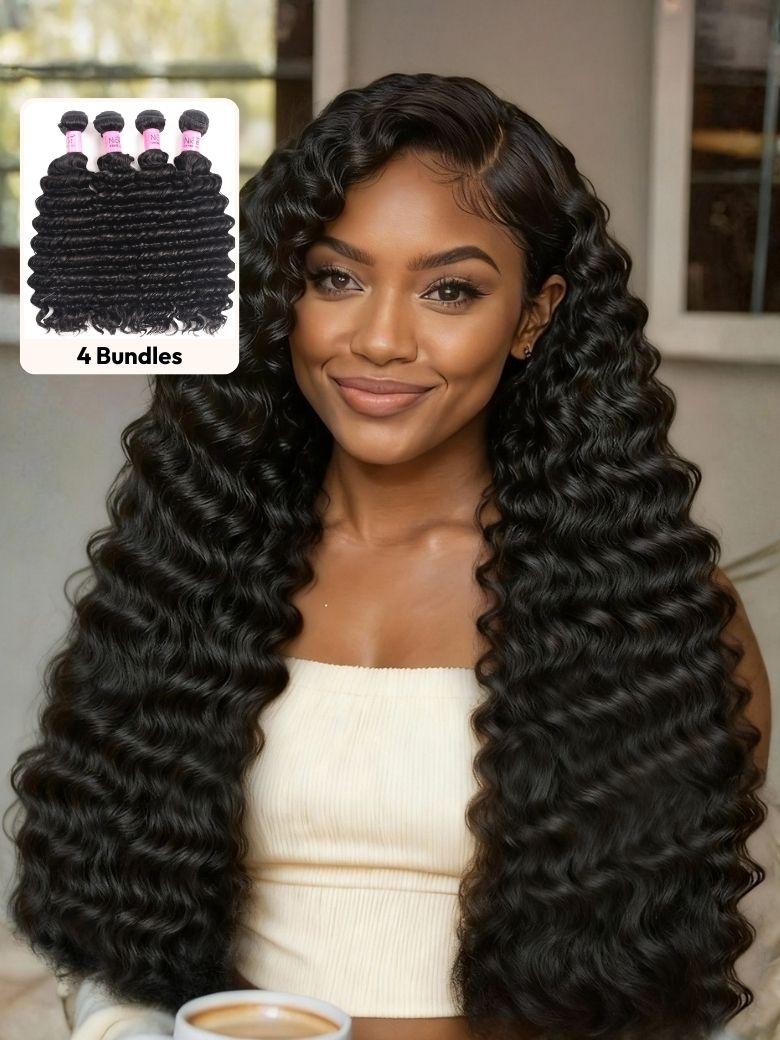 A model displays the UNice Hair Bundles 4 Pcs/pack Peruvian Deep Wave Virgin Human Hair, showing brazilian deep wave hair bundles and deep wave texture, bundle fullness.