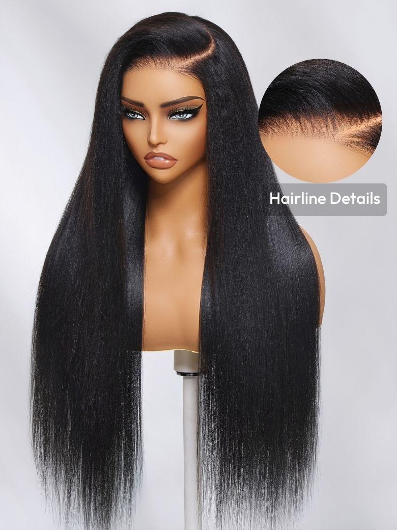 The UNice Bye Bye Knots Wig 7x5 Glueless Lace Black Yaki Straight Wig With Baby Hair image highlights Hairline Details, a wig with long hair on a mann mann and straight.