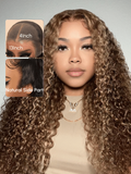 A model displays the UNice Pre-Everything 13x4 Lace Frontal Honey Blonde Highlights Jerry Curly Wig, showing a model with long curly hair and a white background.