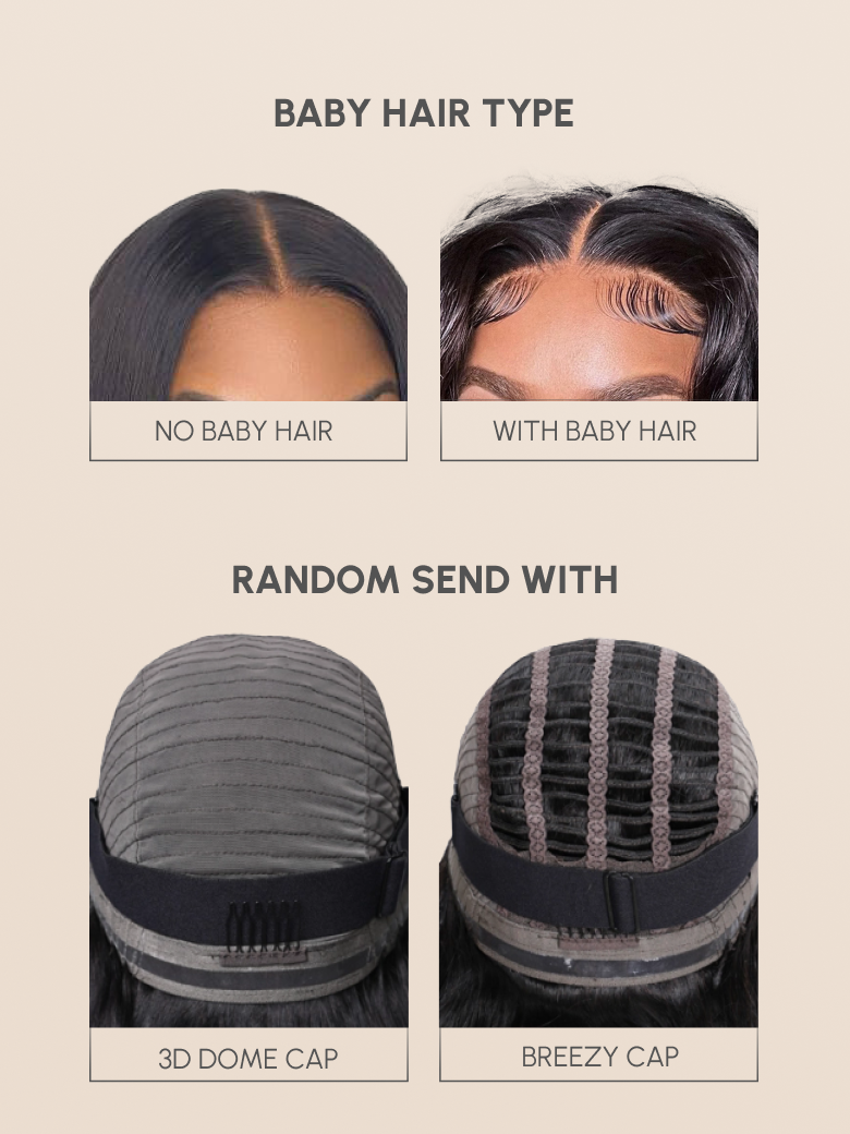 The UNice 6x4.5 Pre Cut Transparent Lace Bleached Knots Put On And Go Reddish Brown wig image highlights BABY HAIR TYPE, NOBABYHAIR, WITHBABYHAIR, RANDOM SEND.