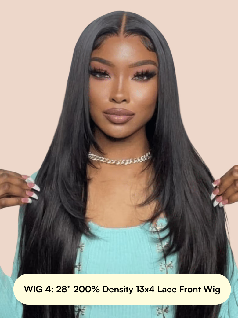 A model displays the UNice 22-28 Inch High-Density (200%+) Humanl Hair Wig, showing a woman wearing a wig with long hair.