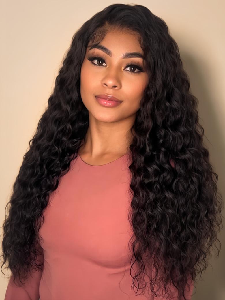 A model displays the UNice Hair Hair 4 Bundles Water Wave Unprocessed Virgin Human Hair, showing a model with long curly hair wearing a pink top and water wave texture.
