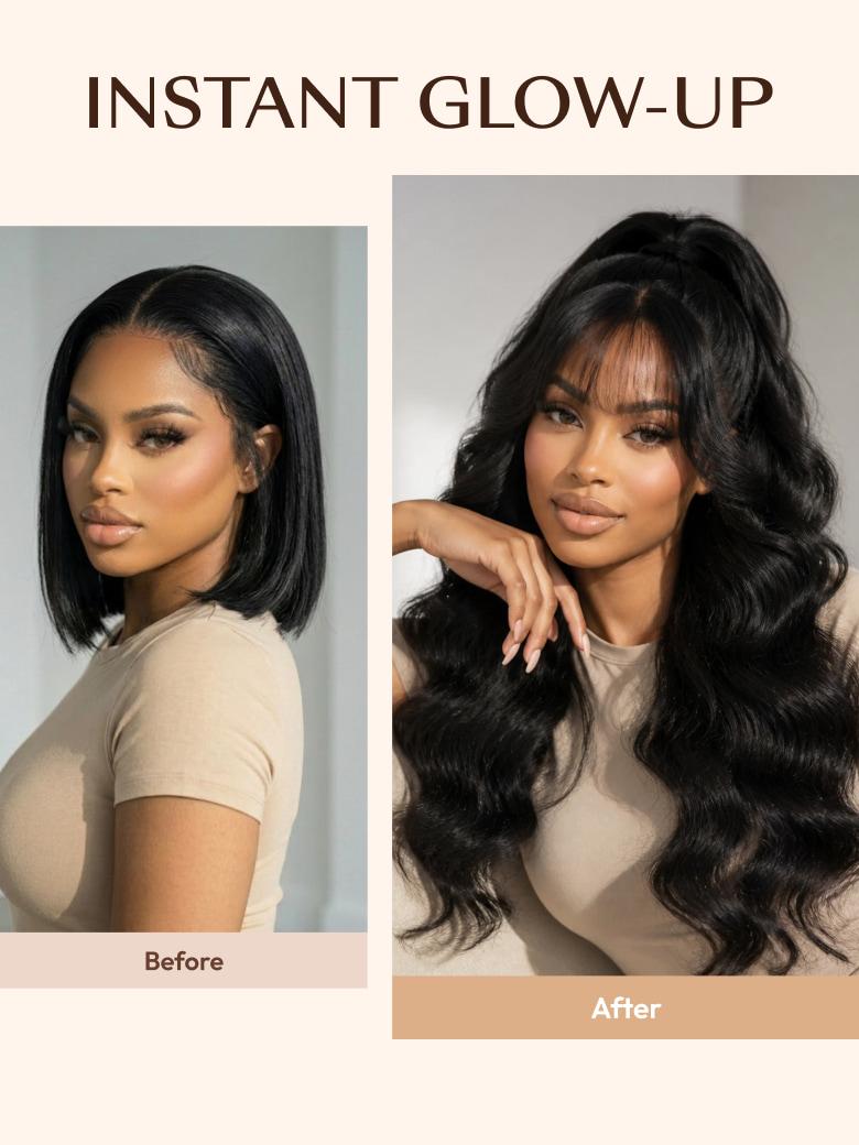 A model displays the UNice 7x5 & 13x4 Bye Bye Slip Pull & Go Black Fluffy Loose Wave Wispy Bangs Glueless, showing instant hair extensions before and after and loose.