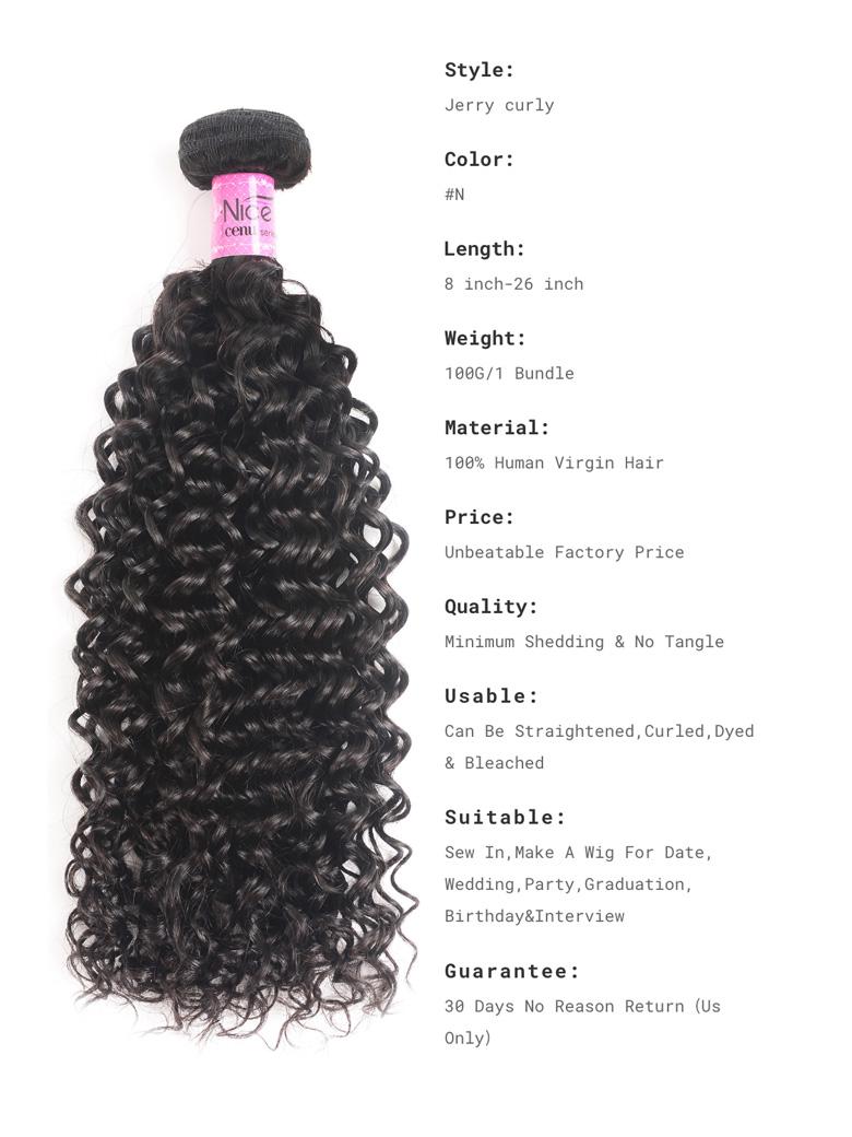 The UNice Hair 3 Bundles Peruvian Jerry Curly Human Hair Weave image highlights Style, Jerry curly, Color, ON, virgin curly hair extensions and jerry curl texture, curly.
