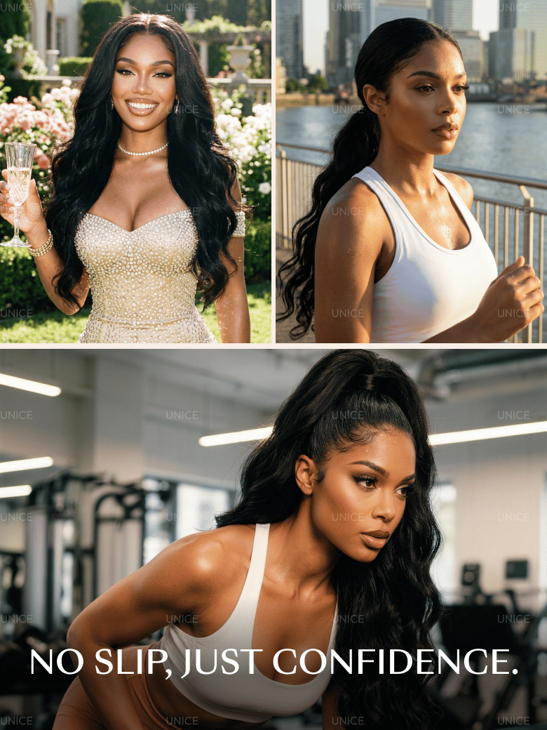 A model displays the UNice 13x4 HD Lace Bye Bye Slip Body Wave Wig - Pull & Go Fit Ear-to-Ear with Invisi, showing a series of photos of a woman in a white dress.