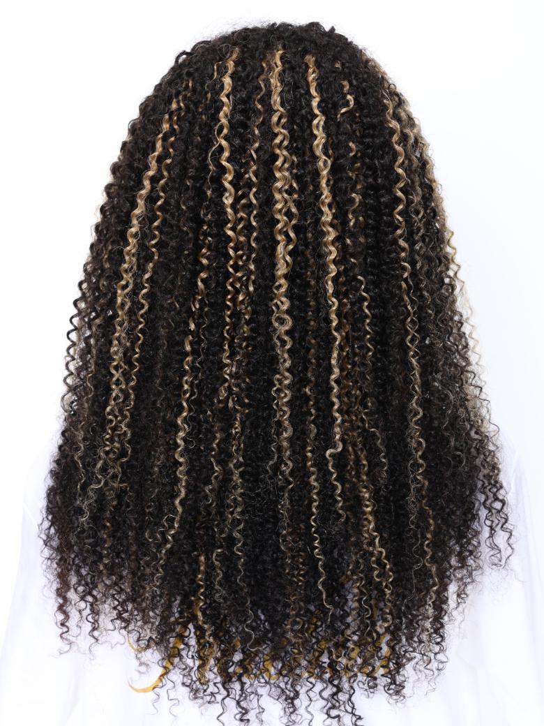 A model displays the UNice 22''=119 Bye Bye Knots Wig 7x5 Glueless Lace Black With Blonde Highlights, showing a model with curly hair on a white background and kinky.