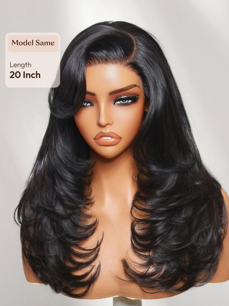 The UNice 200% Density 7x5 Bye Bye Slip Lace Feathered Blowout Wig with Face-Framing image highlights Model Same, Length, 20Inch, a wig with long black hair and 7x5.