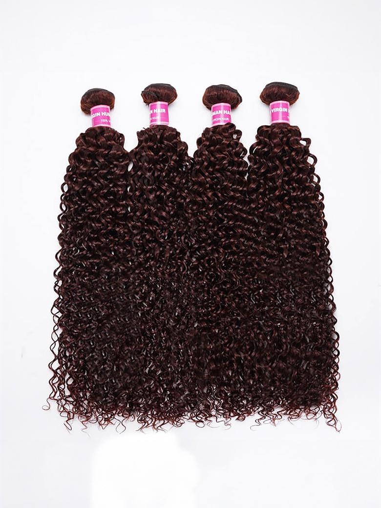 The UNice Vibrant Reddish Brown Jerry Curl 4Pcs 100% Remy Human Hair Bundles Deal product image shows brazilian curly hair bundles and jerry curl texture, reddish brown.