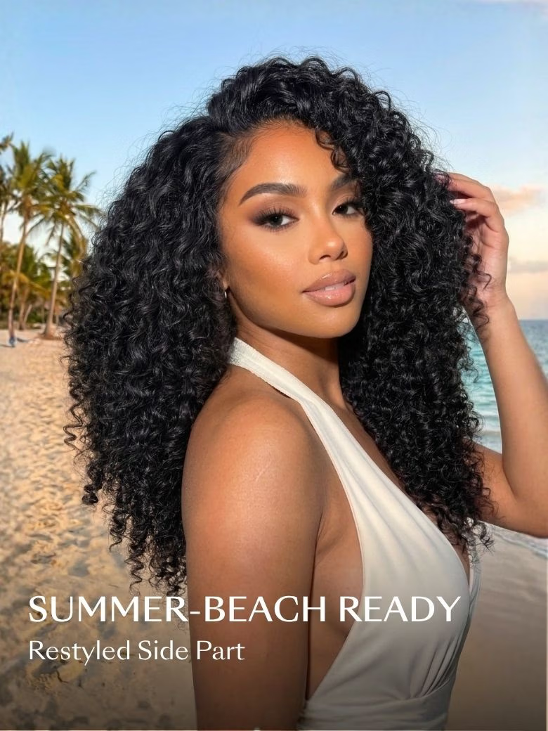 A model displays the UNice Mixed Texture Lace Natural Black Jerry Curly Wig with Defined Finger Coil Ends, showing a model with long curly hair on the beach and jerry.