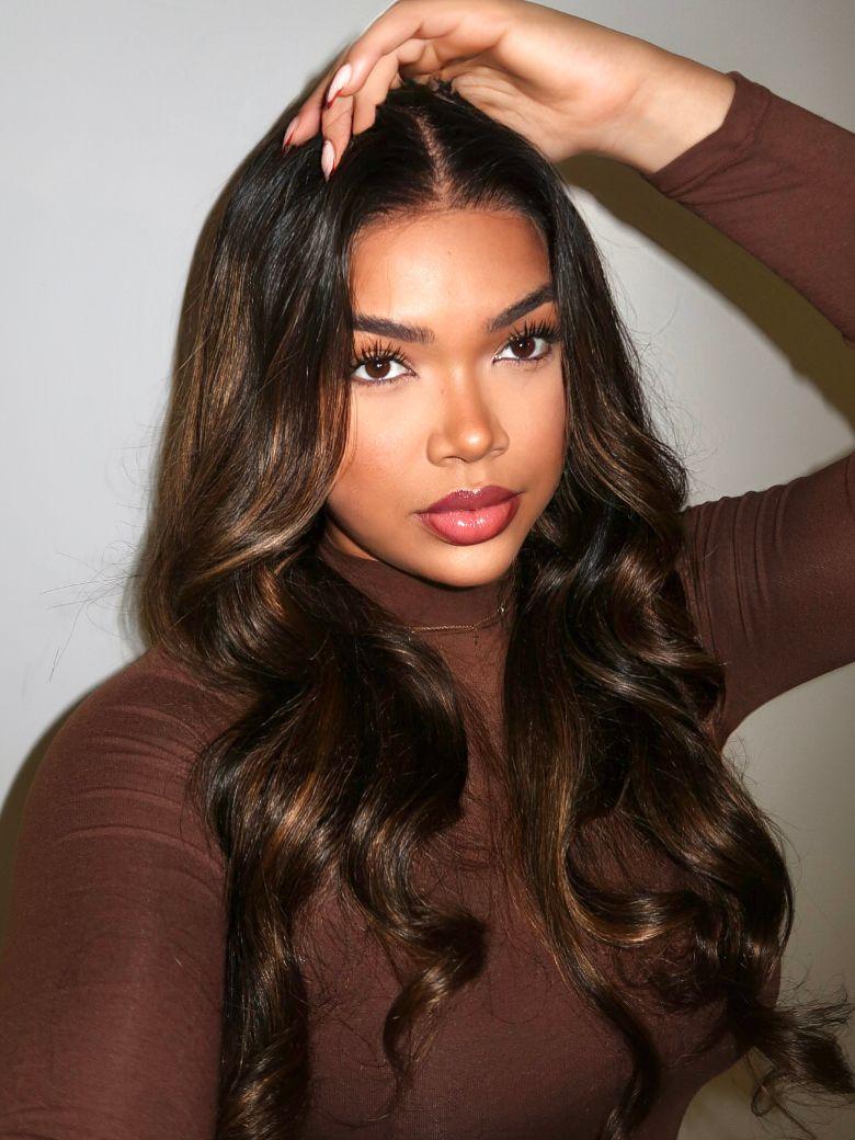 The UNice 7x5 Bye Bye Knots & 13x4 Pre-Everything Wig Glueless Lace Balayage Highlight visual image position 5 shows a model with long brown hair and a brown top | body.
