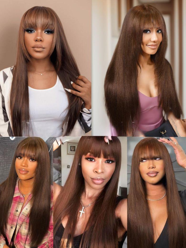 A model displays the UNice Yaki Straight human hair wig with Bangs Chocolate Brown Layered Cut 4x2, showing a col of photos of a model with long brown hair and straight.