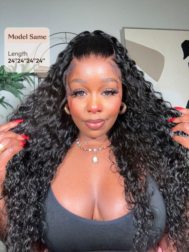 A model displays the UNice Hair Bundles 4 Pcs/pack Peruvian Deep Wave Virgin Human Hair, showing a model with long curly hair and a grey top and deep wave texture.