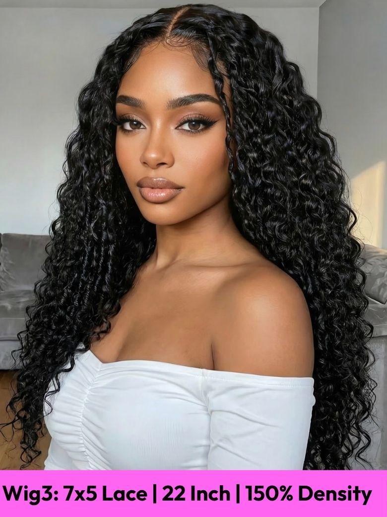 A model displays the UNice All 22 Inch 100% human hair wig Collection, showing a model with long curly hair wearing a white top.