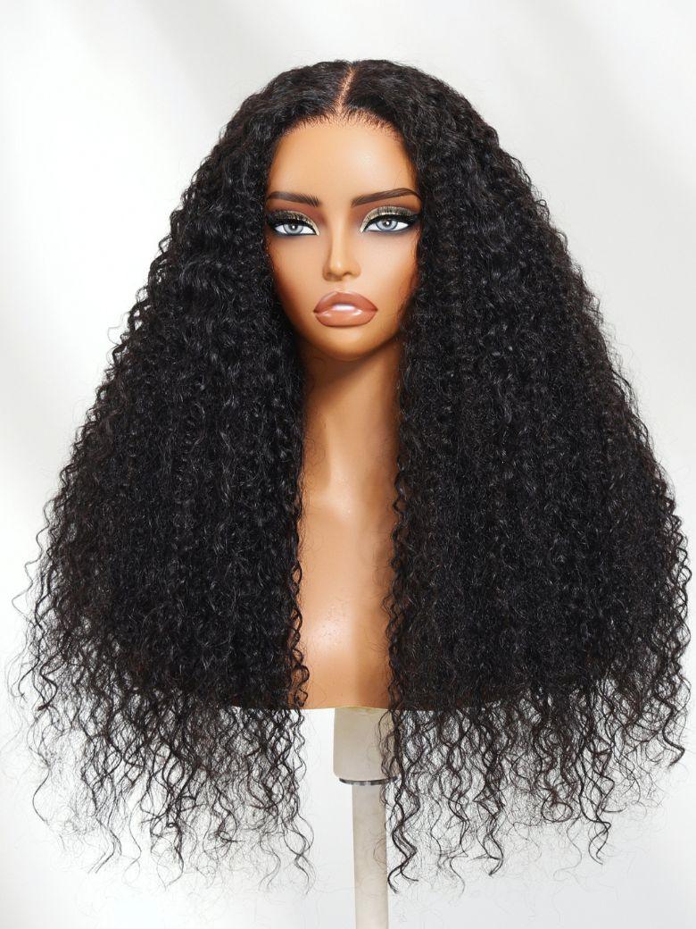 The UNice 18"-22" UNice Bye Bye Knots 7x5 Lace Multi Textured Water Kinky Curly Wig with product image shows a wig with long curly hair on a mann and kinky curly.