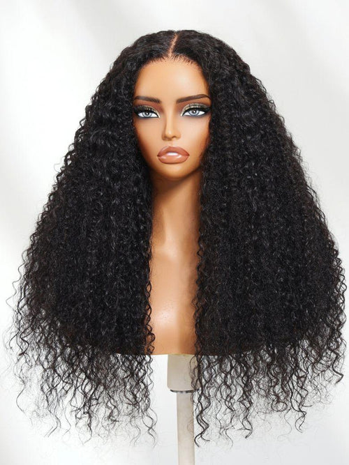 The UNice 18"-22" UNice Bye Bye Knots 7x5 Lace Multi Textured Water Kinky Curly Wig with product image shows a wig with long curly hair on a mann and kinky curly.