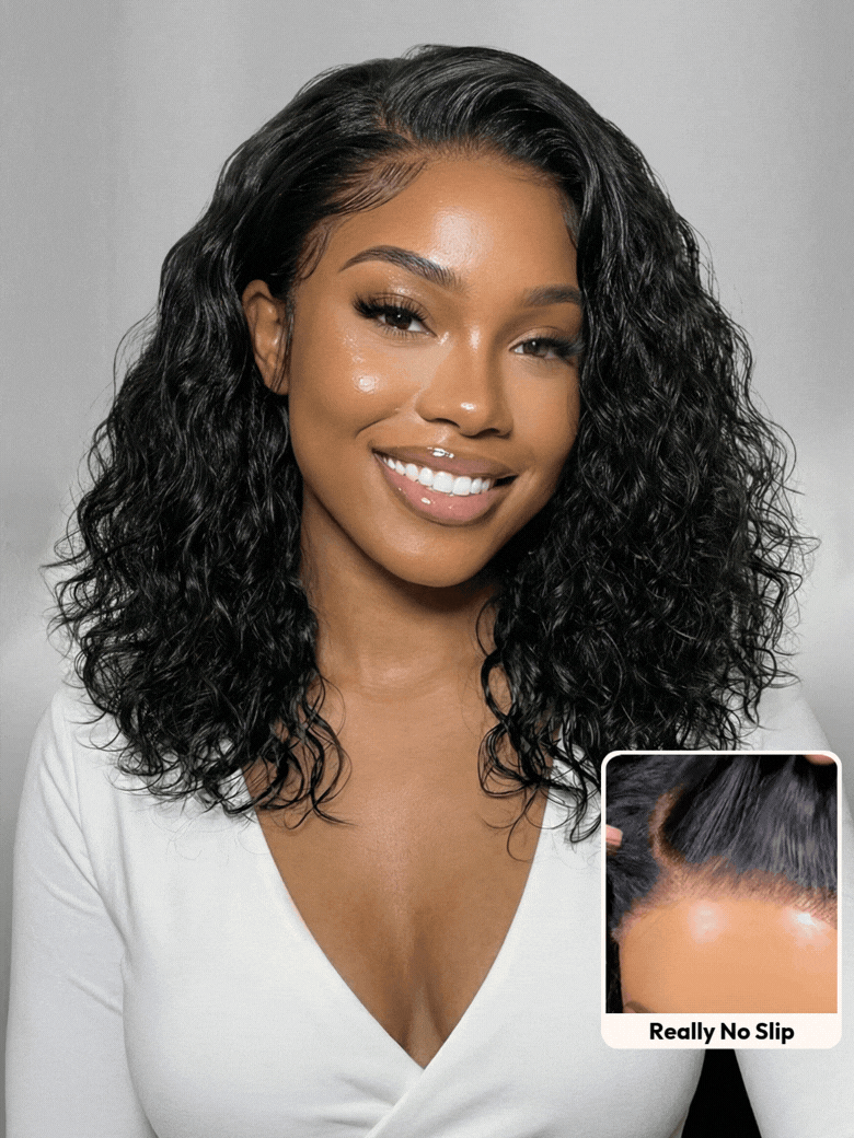 A model displays the UNice Bye Bye Slip 6X4 Glueless Lace "C" Side Part Loose Wavy Bob Drawstring Wig For, showing a model with long black hair and a white shirt.