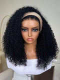 A model displays the UNice InvisiBlend V Part Curly Texture Drawstring Human Hair Wig With Finger Coil Ends, showing a model with long curly hair and brown shirt.