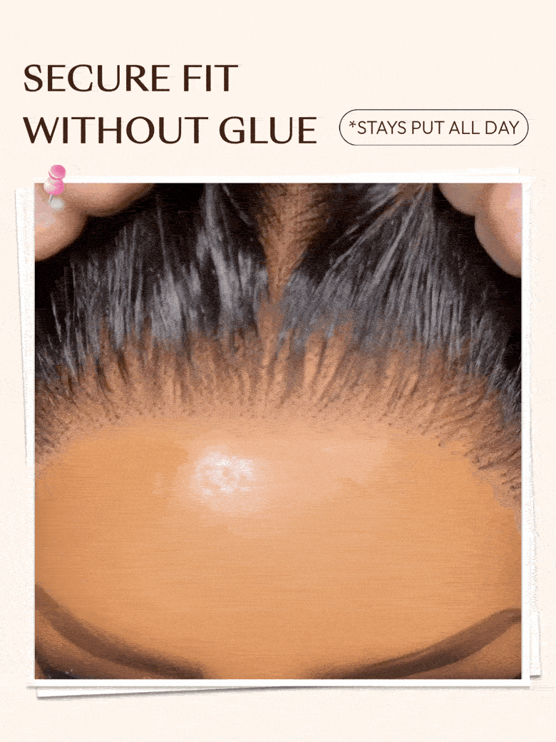 A model displays the UNice 7x5 Bye Bye Slip Lace Black with Golden Brown Highlights Body Wave Wig with, showing a model with a black hair and a white background and body.
