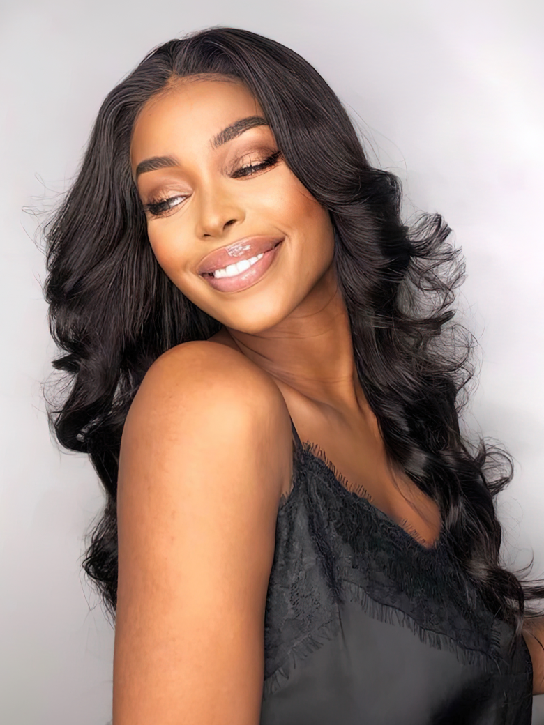 A model displays the UNice Beginner Friendly Body Wave No Lace No Gel No Leave Out New Put On And Go U wig, showing a model with long black hair and a black dress.
