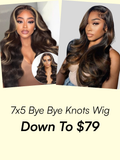 A model displays the UNice 16"-18" : Glueless 7x5 Bye Bye Knots Wig, showing a model with long hair and a white background with the words 7x byes wig down to 9 and 7x5.