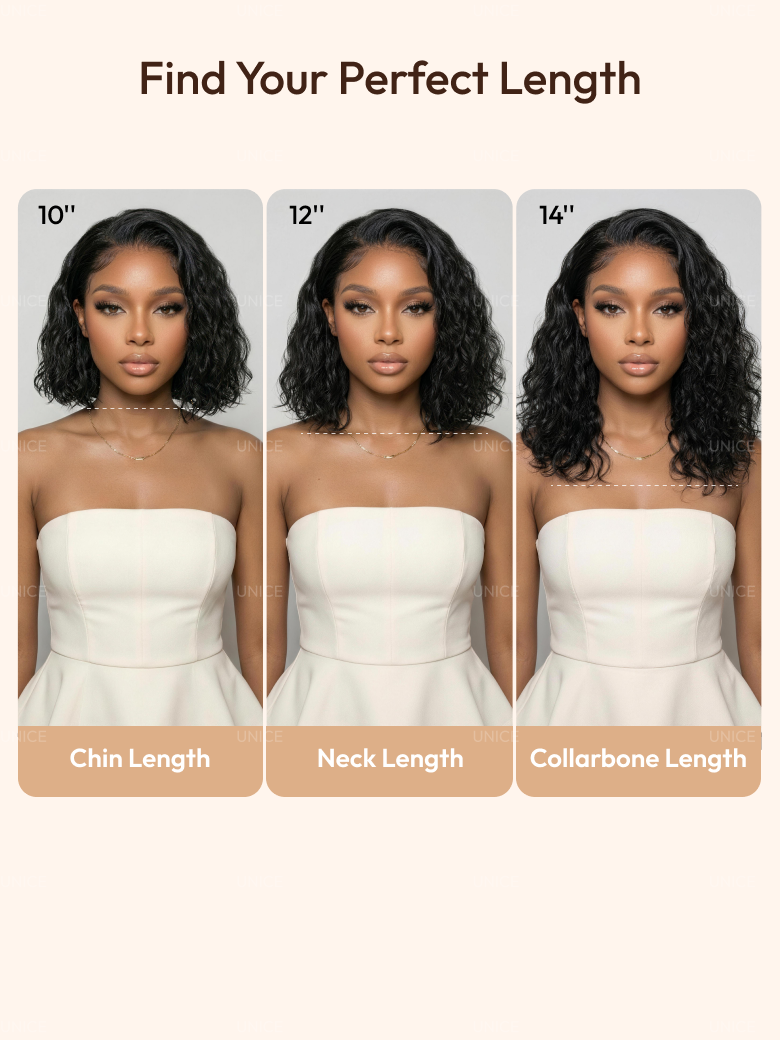 The UNice Bye Bye Slip 6X4 Glueless Lace "C" Side Part Loose Wavy Bob Drawstring Wig For visual image position 9 shows a model with long curly hair and a white dress |.