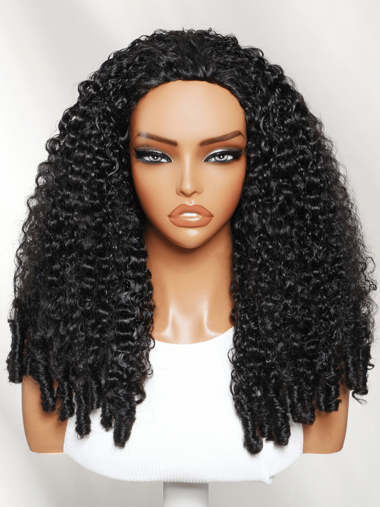 The UNice Half Wig MeltLine Burmese Curly with Finger Coily Ends Beginner Friendly with product image shows a wig with curly hair on a mann mann and Burmese curly.