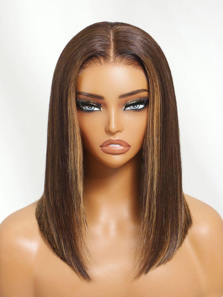 UNice Espresso Brown With Highlights Bye-Bye Slip 7x5 Lace Middle Part Blunt Bob Wig With Invisi Drawstring