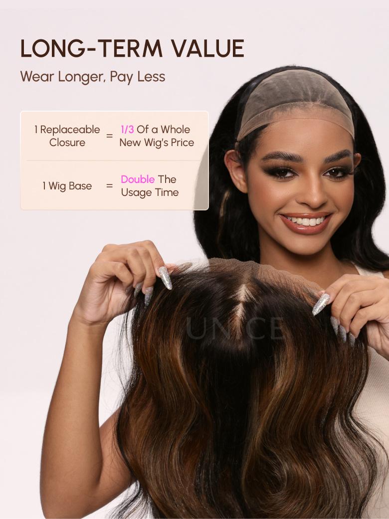 A model displays the UNice Bye Bye Knots Wig 7x5 Glueless Lace Black With Blonde Highlights 3D Body Wave, showing a model is cutting her hair with a comb and body wave.